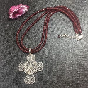 ❤️925/S SILVER RHODOLITE GARNET NECKLACE/ CROSS